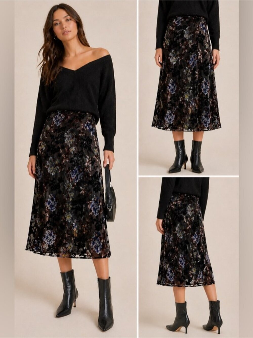 Heartloom Floral Burnout Midi Skirt XS Black Sheer Overlay